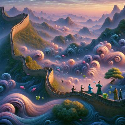 The primary subject of the image is a group of people walking along a wall, possibly a part of a large structure or a mountain. The setting is a beautiful landscape with mountains in the background, creating a serene and picturesque scene. The visual style of the image is a combination of digital art and illustration, giving it a unique and artistic appearance. The colors and mood of the image are predominantly purple and blue, which contribute to the overall atmosphere of the scene.